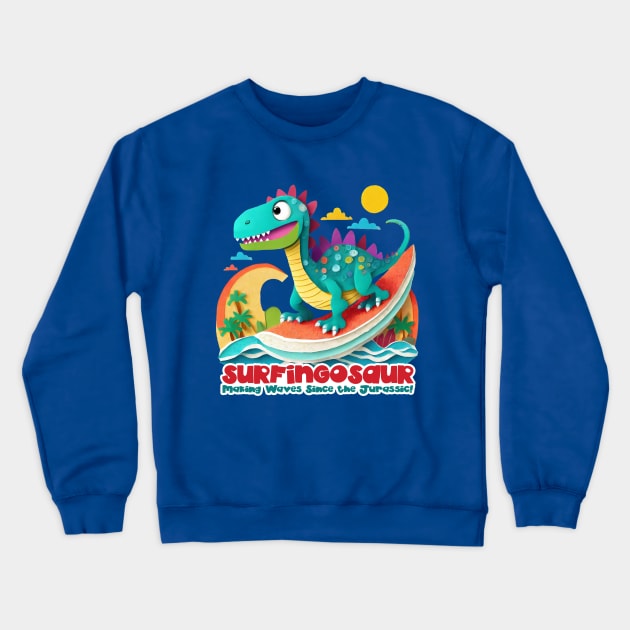 Dinosaur Surfing Funny Crewneck Sweatshirt by sovadesignstudio